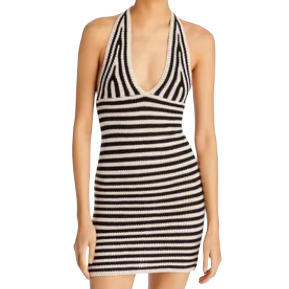 Lucy Paris Sz S Dress Vanessa Crochet beige Black Halter Mini